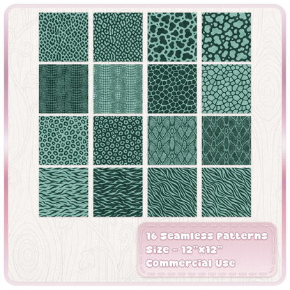 Set of 16 Mint Macaron animal print patterns with leopard zebra snake giraffe and crocodile designs