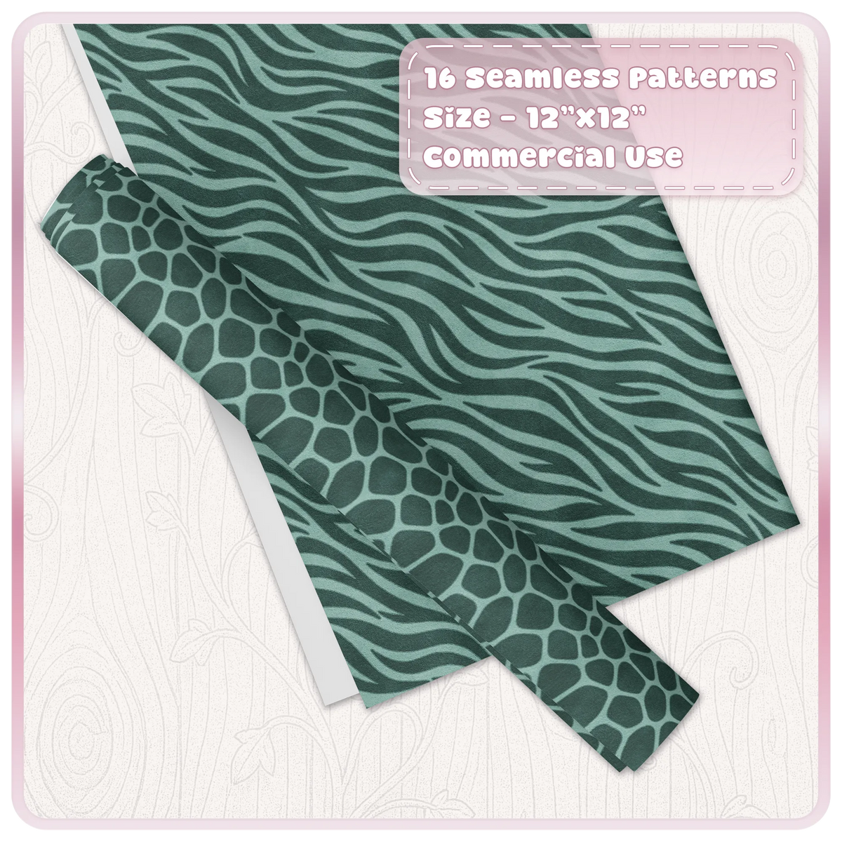 Mint green zebra and giraffe seamless animal print digital papers shown as coordinating craft sheets
