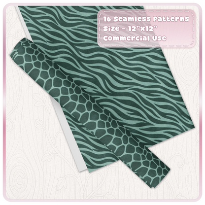 Mint green zebra and giraffe seamless animal print digital papers shown as coordinating craft sheets