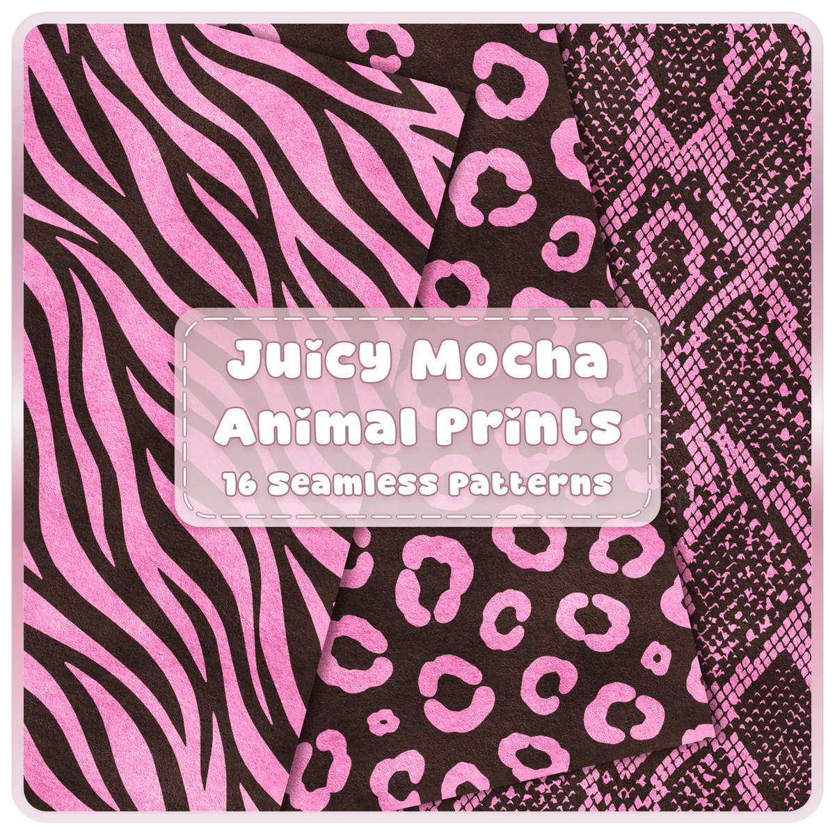 Juicy Mocha pink and brown animal print seamless patterns featuring zebra, leopard and snakeskin digital papers