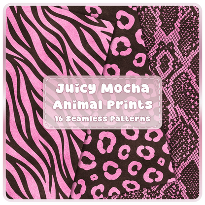 Juicy Mocha pink and brown animal print seamless patterns featuring zebra, leopard and snakeskin digital papers