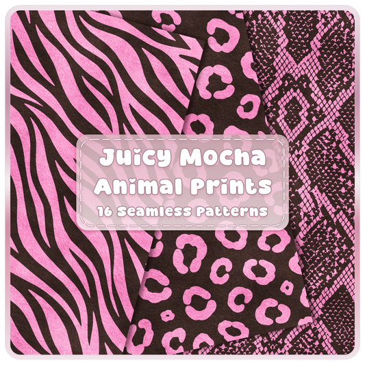 Juicy Mocha pink and brown animal print seamless patterns featuring zebra, leopard and snakeskin digital papers