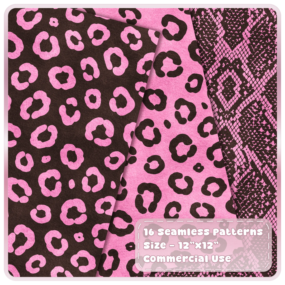 Pink and mocha brown leopard print and snakeskin seamless digital papers from the Juicy Mocha animal print collection