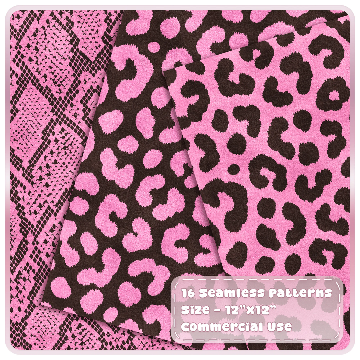 Pink and dark mocha snakeskin and leopard seamless patterns shown as layered textured animal print digital papers