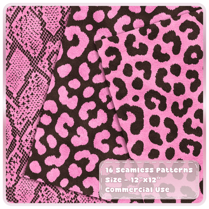 Pink and dark mocha snakeskin and leopard seamless patterns shown as layered textured animal print digital papers