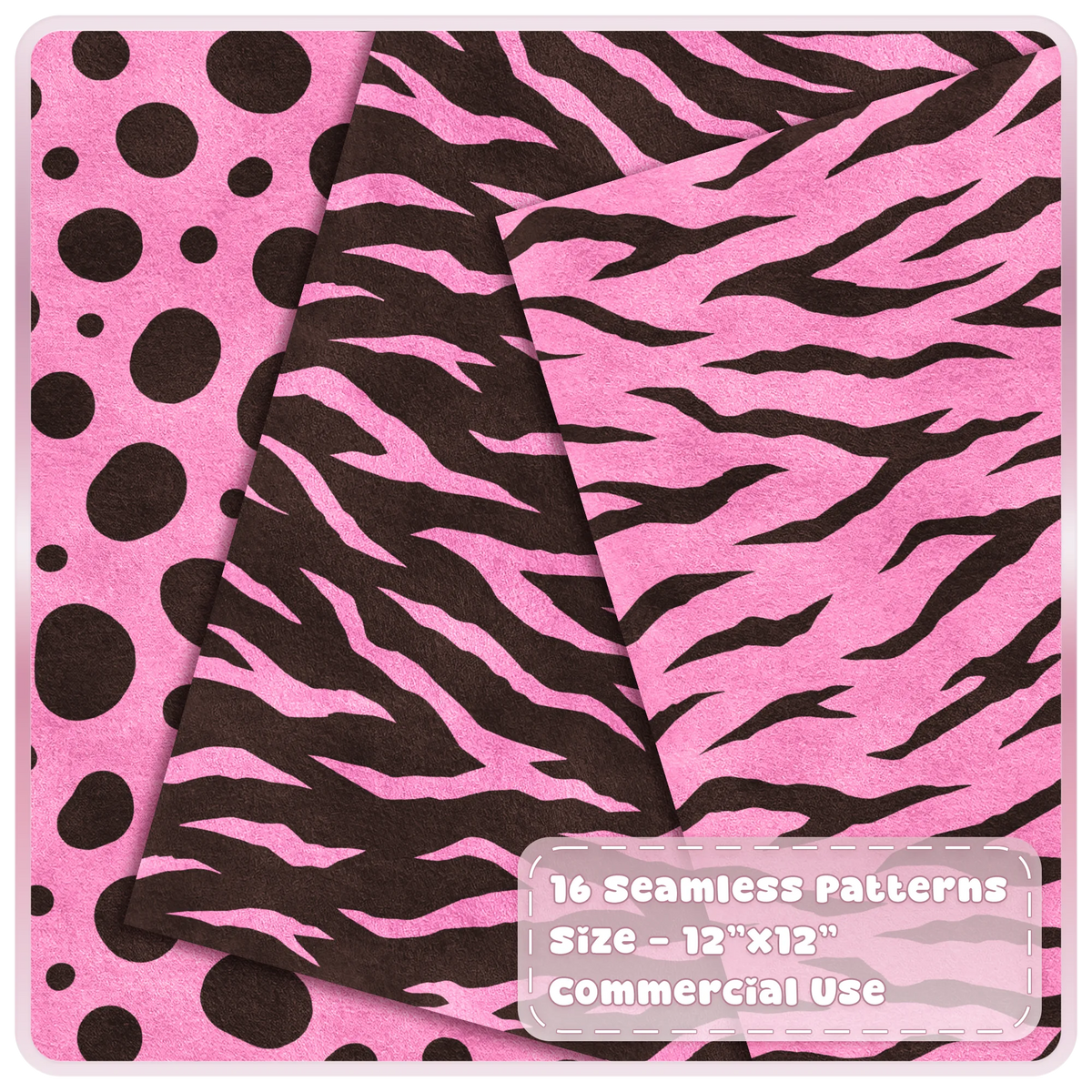 Pink and mocha spotted and tiger stripe seamless animal print patterns shown as layered textured digital papers