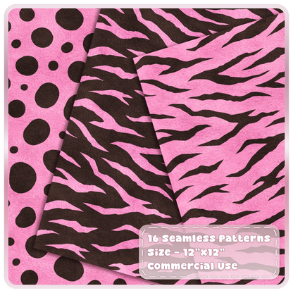 Pink and mocha spotted and tiger stripe seamless animal print patterns shown as layered textured digital papers
