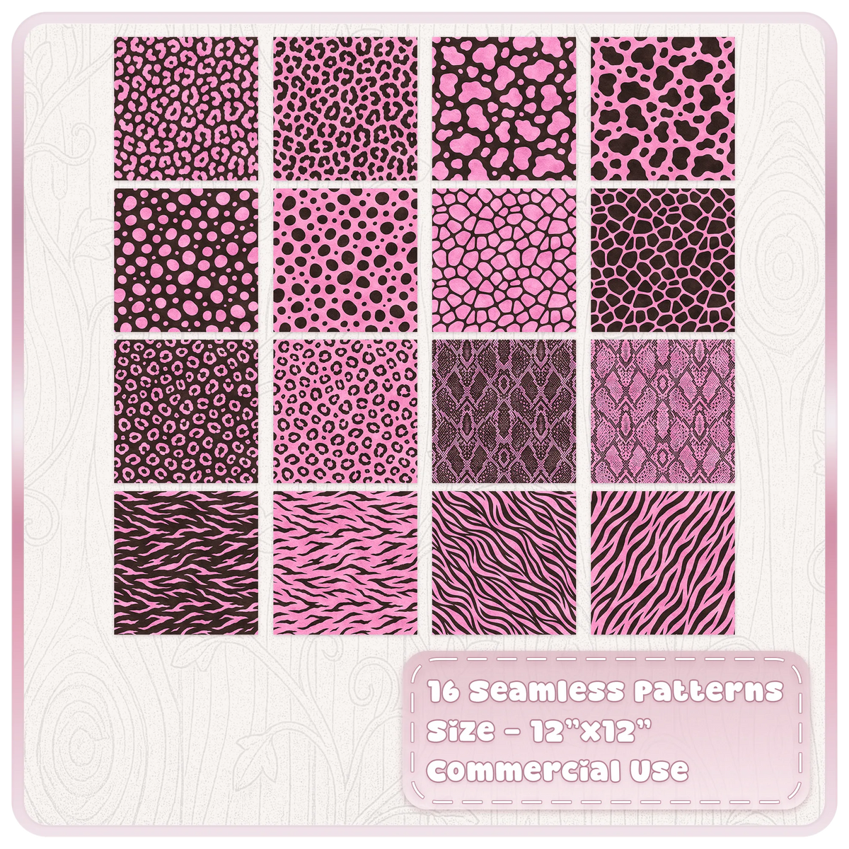 Set of 16 pink and mocha brown seamless animal print digital papers including leopard, zebra, snake and spotted designs