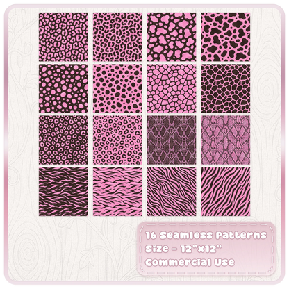 Set of 16 pink and mocha brown seamless animal print digital papers including leopard, zebra, snake and spotted designs