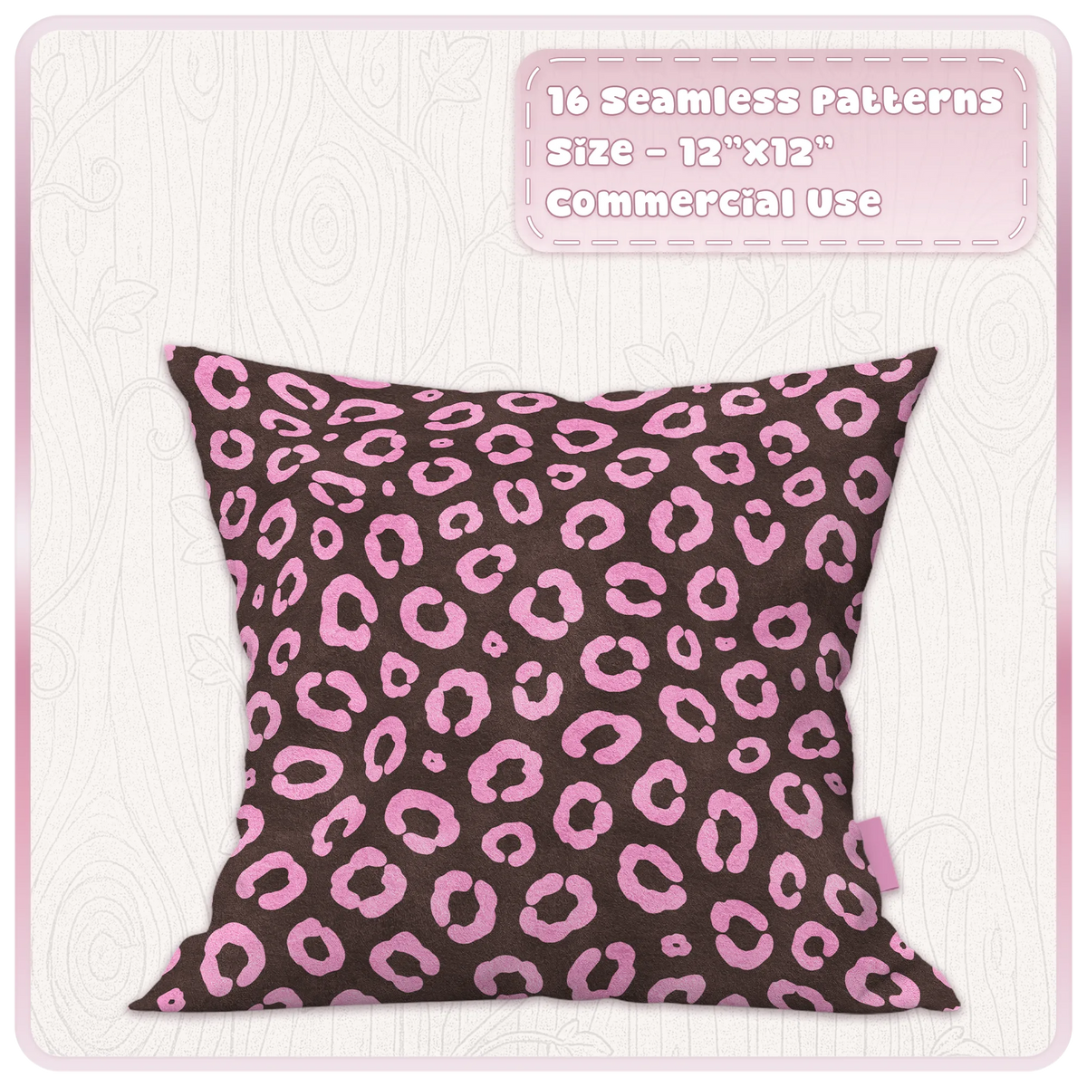 Mocha brown cushion mockup featuring a pink leopard seamless pattern from the Juicy Mocha digital paper collection