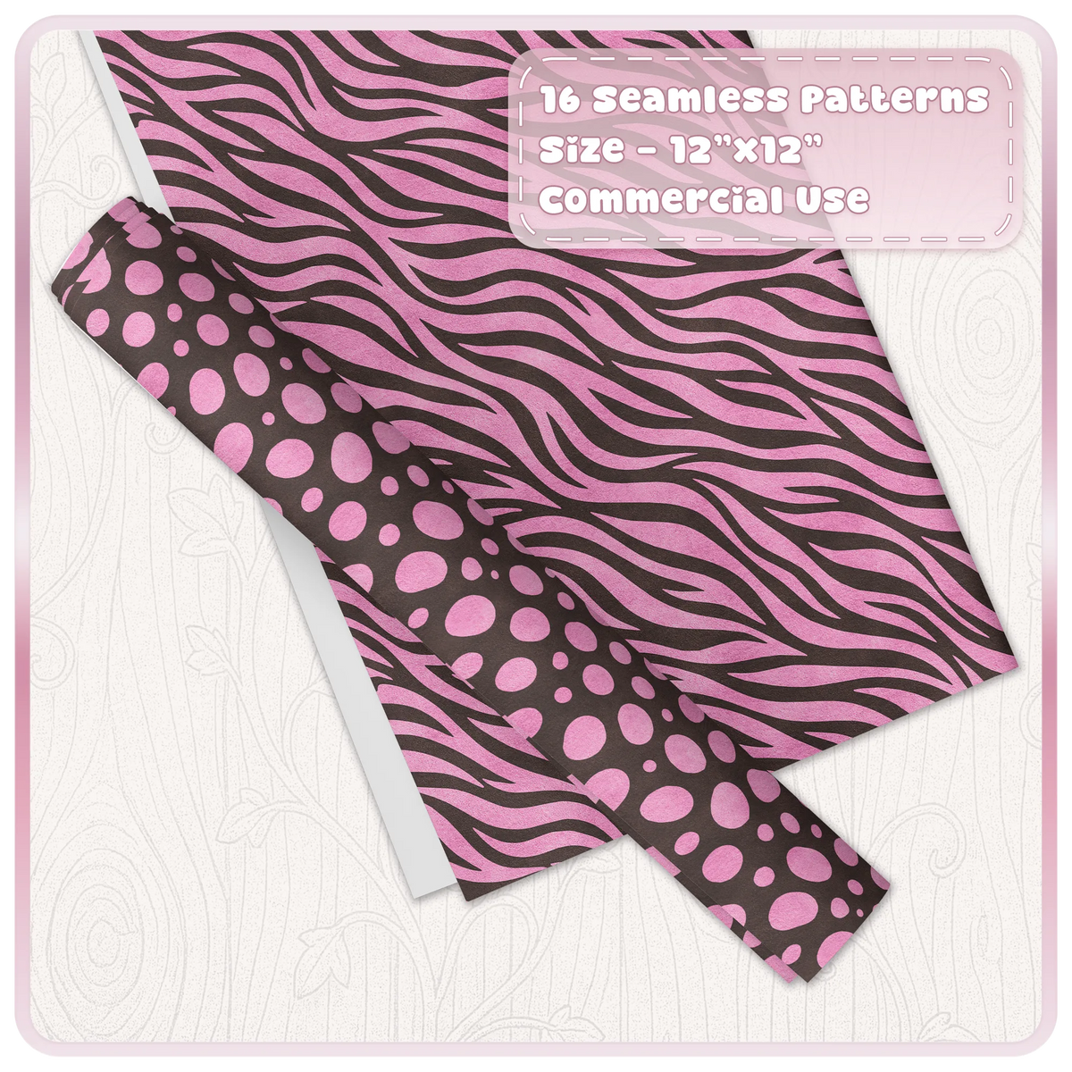 Pink and mocha zebra and spotted animal print seamless patterns shown on digital paper and wrapping paper mockups