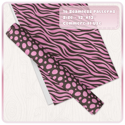 Pink and mocha zebra and spotted animal print seamless patterns shown on digital paper and wrapping paper mockups