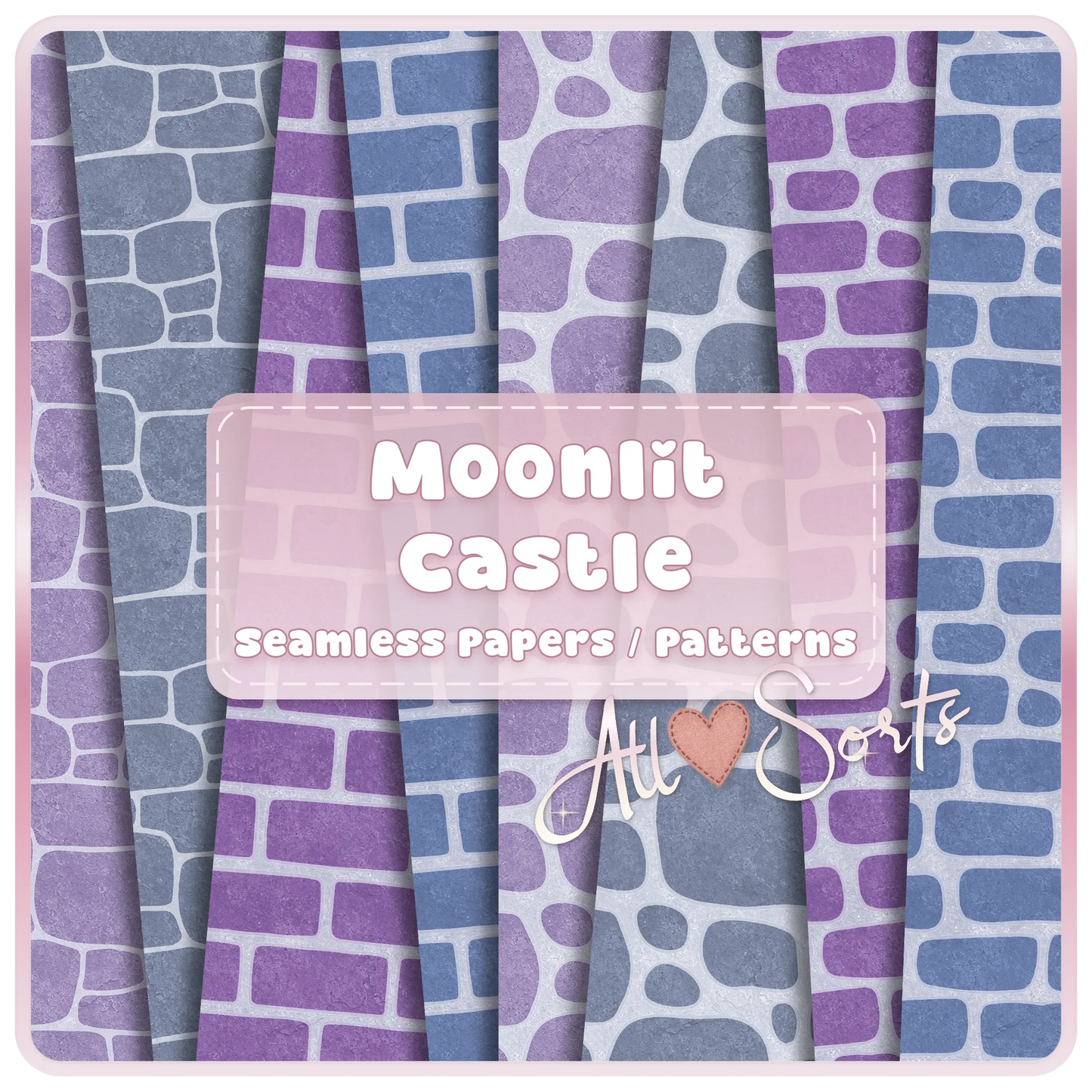 Moonlit Castle seamless brick and stone digital paper pack preview with purple and blue fairytale wall patterns, 16 JPG scrapbook backgrounds by AllSorts.