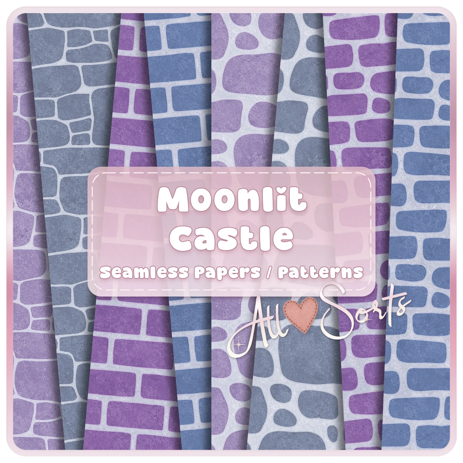 Moonlit Castle seamless brick and stone digital paper pack preview with purple and blue fairytale wall patterns, 16 JPG scrapbook backgrounds by AllSorts.