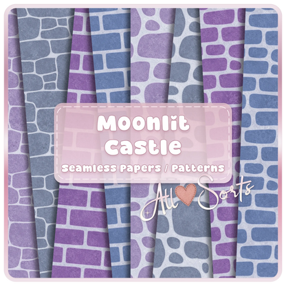 Moonlit Castle seamless brick and stone digital paper pack preview with purple and blue fairytale wall patterns, 16 JPG scrapbook backgrounds by AllSorts.