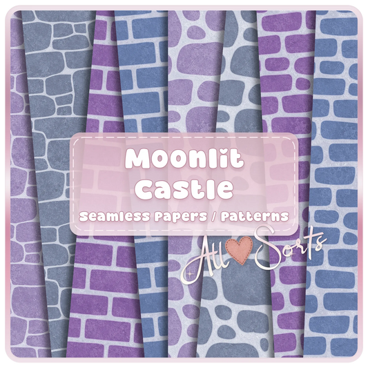 Moonlit Castle seamless brick and stone digital paper pack preview with purple and blue fairytale wall patterns, 16 JPG scrapbook backgrounds by AllSorts.