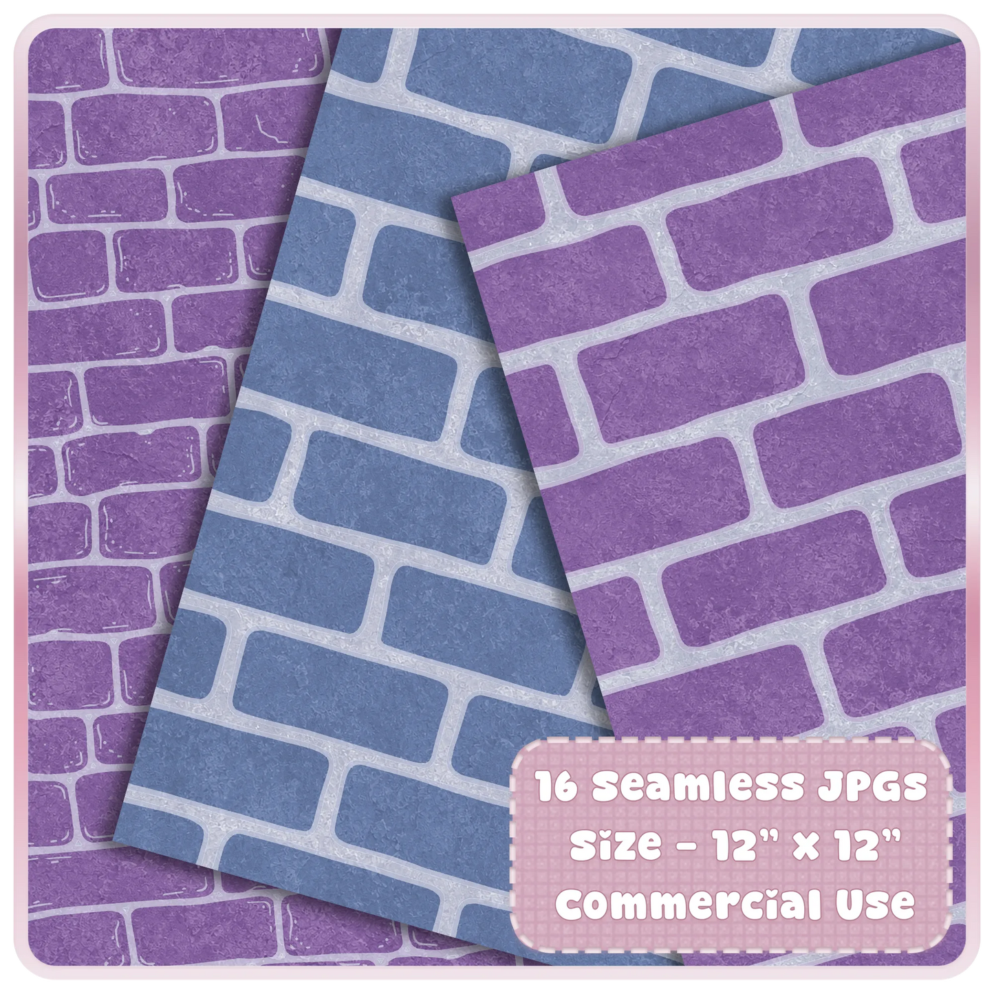 Preview of Moonlit Castle seamless JPG papers featuring purple and blue brick wall digital patterns, 12x12 fantasy castle backgrounds for commercial use.