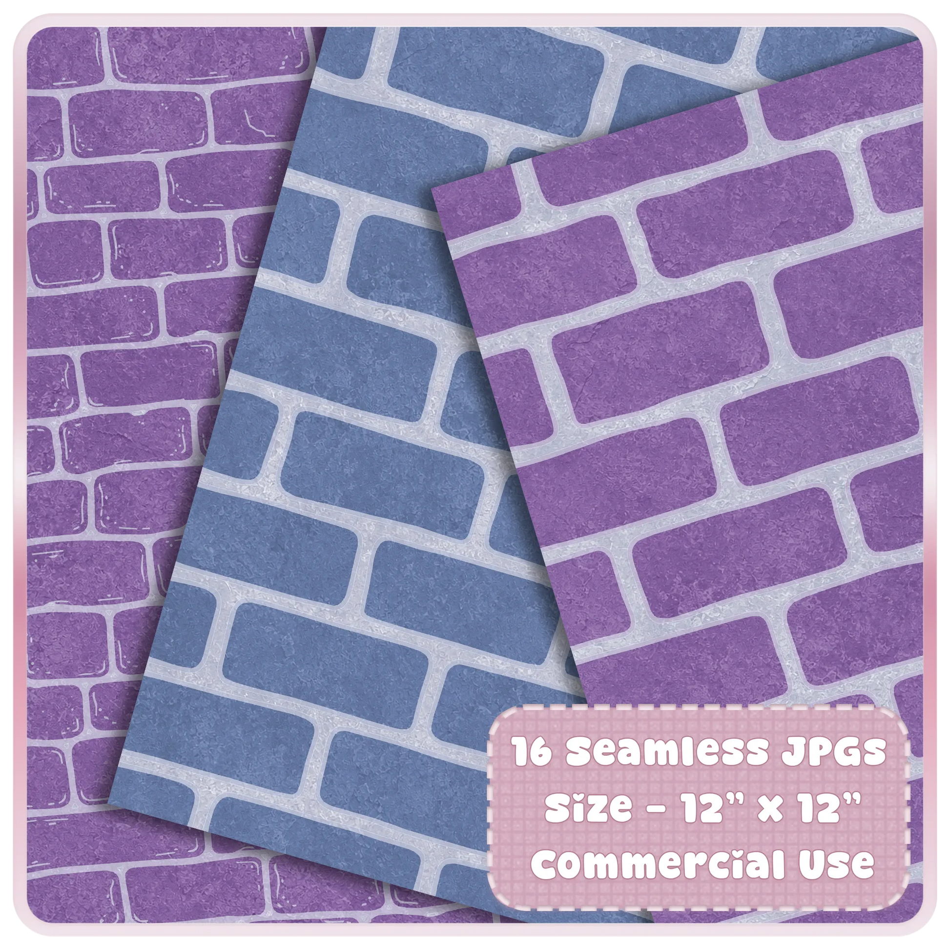 Preview of Moonlit Castle seamless JPG papers featuring purple and blue brick wall digital patterns, 12x12 fantasy castle backgrounds for commercial use.
