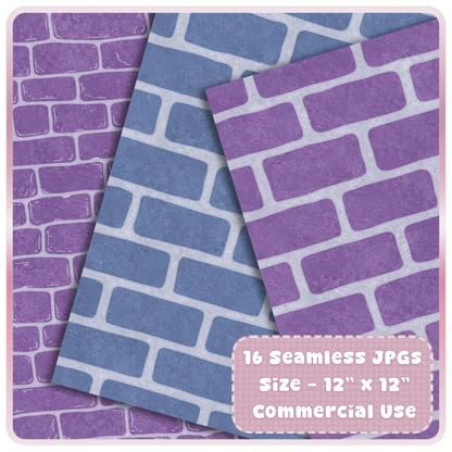 Preview of Moonlit Castle seamless JPG papers featuring purple and blue brick wall digital patterns, 12x12 fantasy castle backgrounds for commercial use.