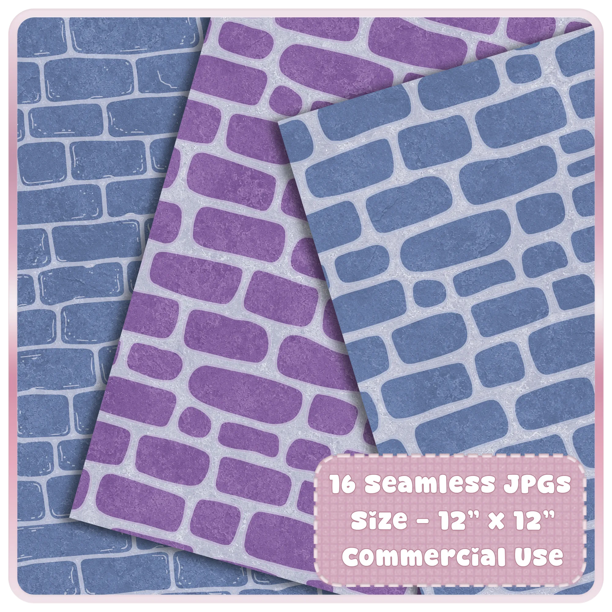 Purple and blue seamless castle brick digital papers with textured stone wall patterns for fantasy crafts, sublimation, and scrapbook backgrounds.