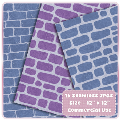 Purple and blue seamless castle brick digital papers with textured stone wall patterns for fantasy crafts, sublimation, and scrapbook backgrounds.