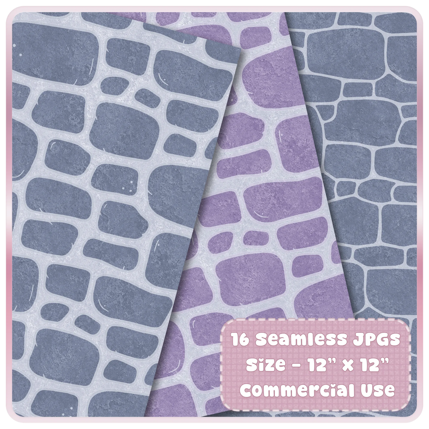 Moonlit Castle stone wall pattern preview showing muted blue, lavender, and gray seamless digital papers for fairytale printable projects.