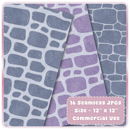 Moonlit Castle stone wall pattern preview showing muted blue, lavender, and gray seamless digital papers for fairytale printable projects.