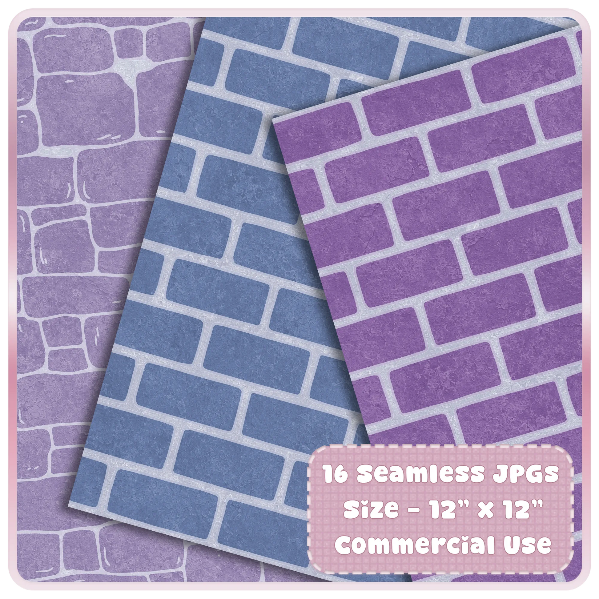 Seamless brick wall digital paper preview in purple and dusty blue castle colors, 16 JPG fantasy pattern pack for commercial craft use.