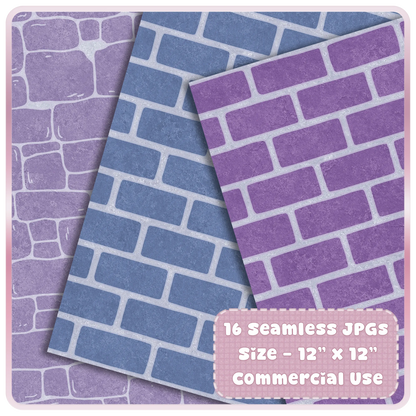 Seamless brick wall digital paper preview in purple and dusty blue castle colors, 16 JPG fantasy pattern pack for commercial craft use.