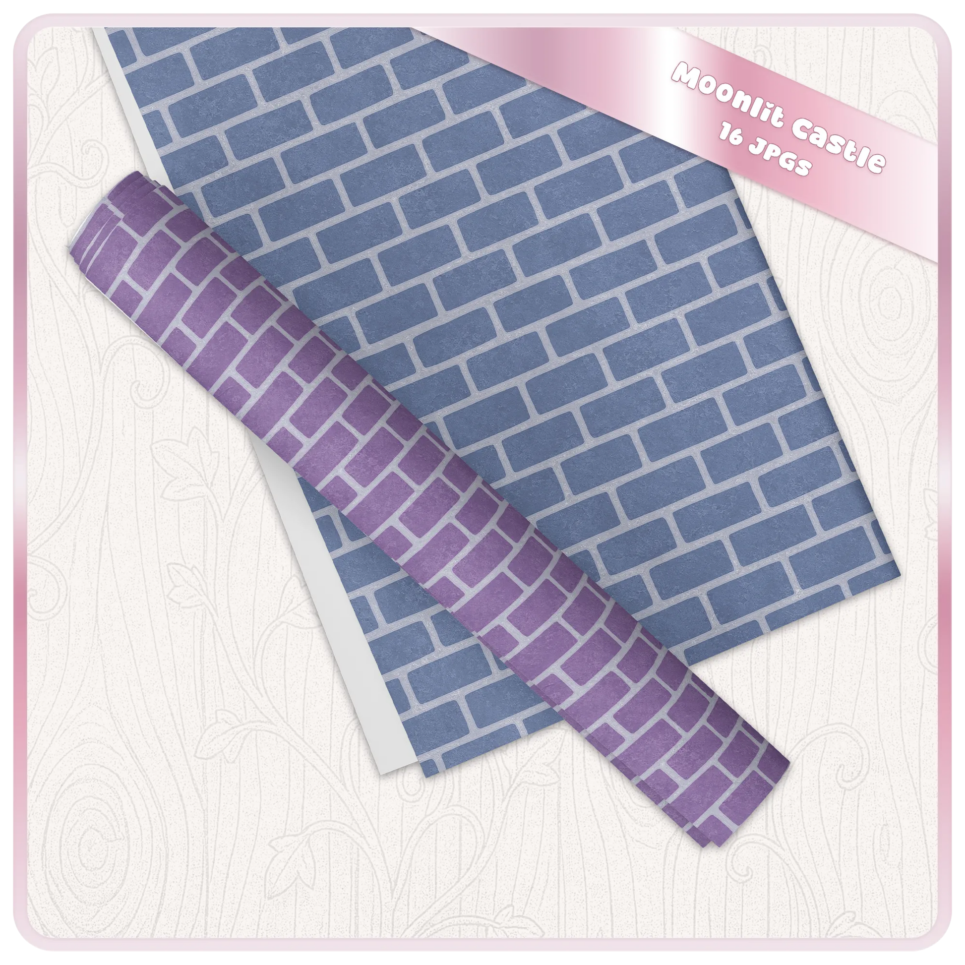 Moonlit Castle digital papers shown as printable sheets and washi tape mockup with blue brick and purple seamless fantasy patterns.