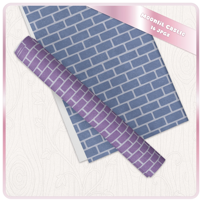 Moonlit Castle digital papers shown as printable sheets and washi tape mockup with blue brick and purple seamless fantasy patterns.