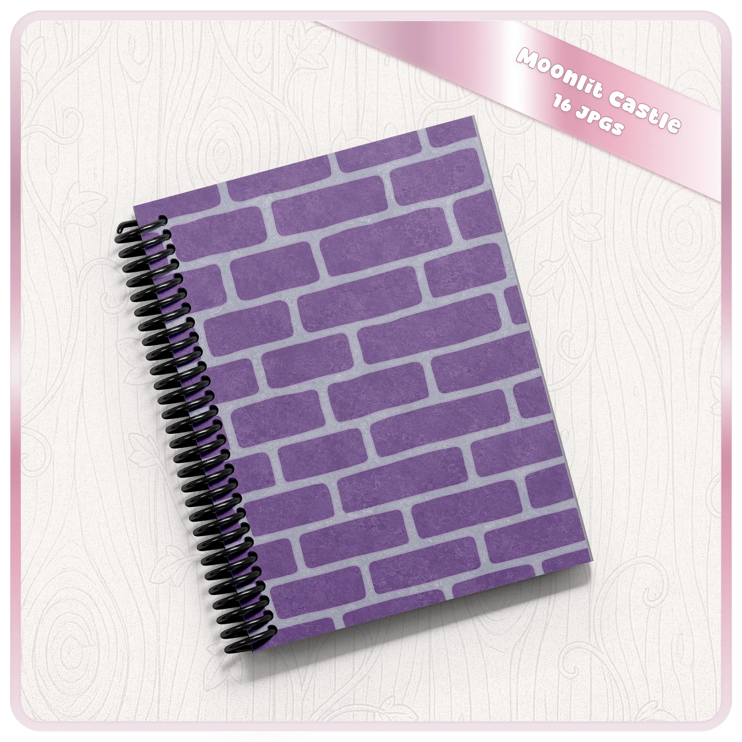 Purple castle brick seamless pattern displayed on spiral notebook mockup, fairytale digital paper for journals, planners, and printable crafts.