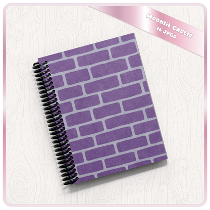 Purple castle brick seamless pattern displayed on spiral notebook mockup, fairytale digital paper for journals, planners, and printable crafts.