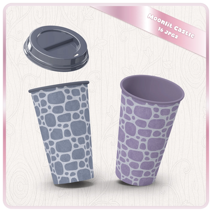 Moonlit Castle seamless stone patterns shown on paper cup mockups with purple and blue fantasy cobblestone designs for sublimation and commercial use.
