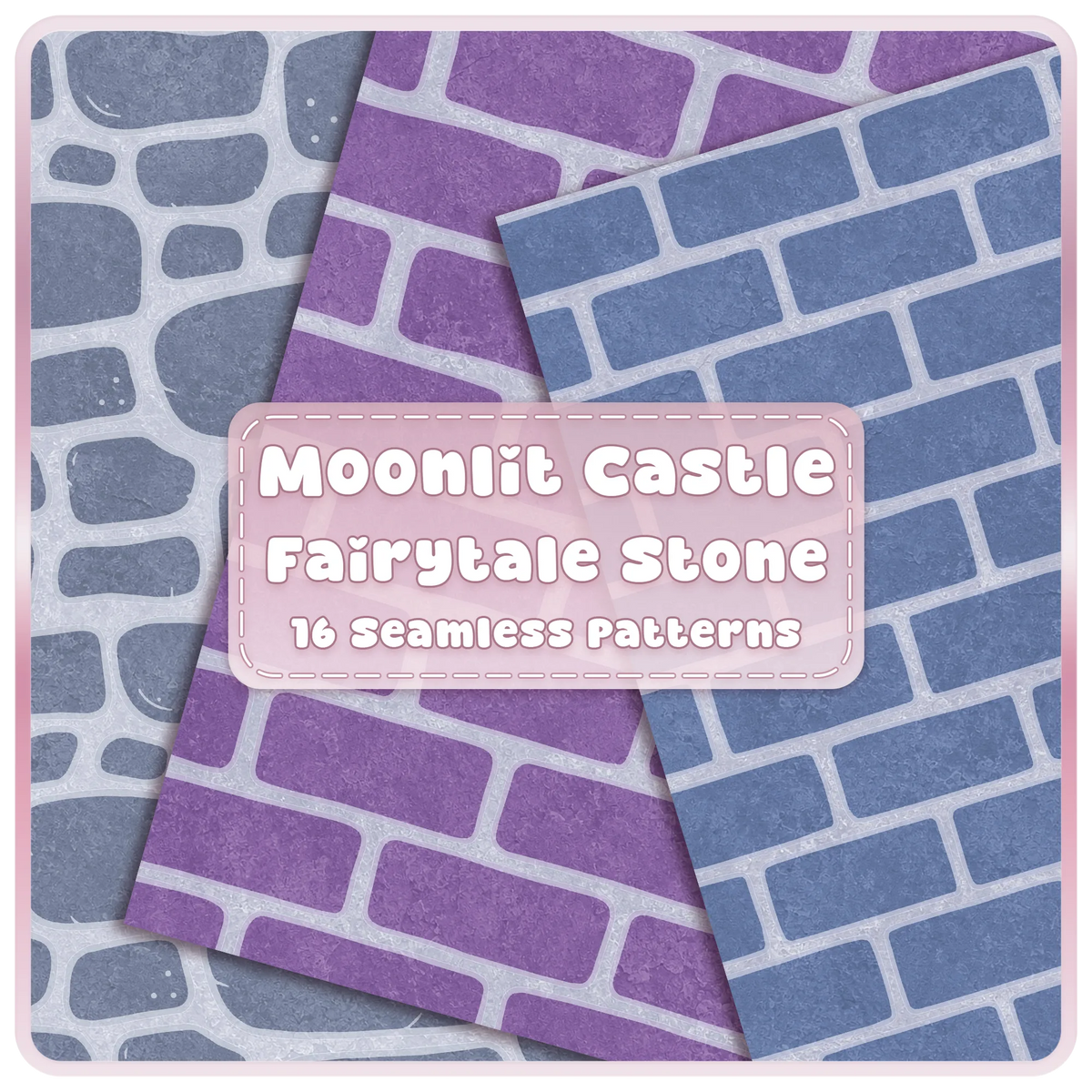 Moonlit Castle fairytale stone and brick seamless patterns bundle in blue, lavender and purple digital paper textures