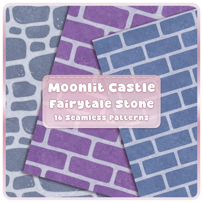 Moonlit Castle fairytale stone and brick seamless patterns bundle in blue, lavender and purple digital paper textures