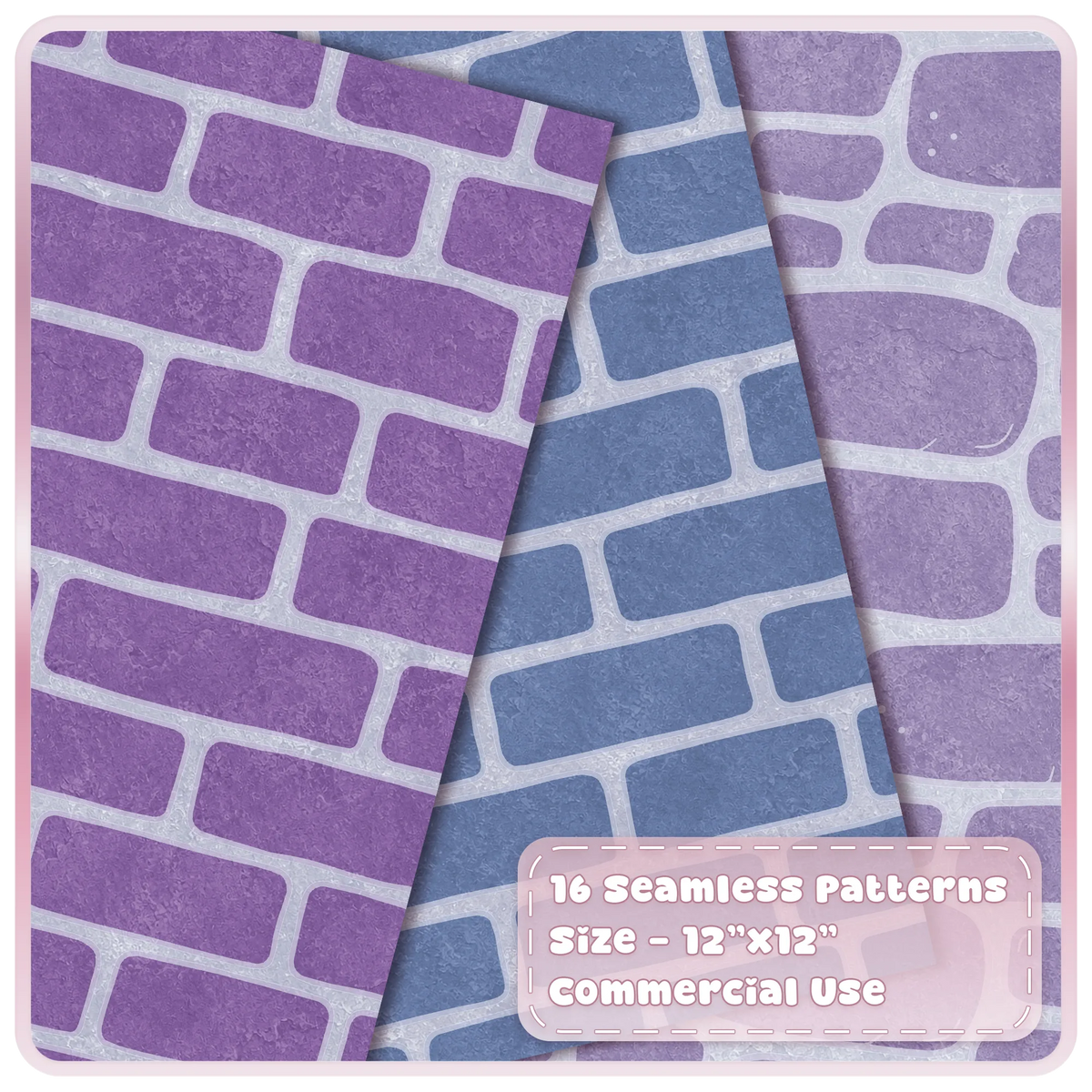 Lavender, blue and lilac fairytale brick and stone seamless digital papers with pale mortar and textured finish