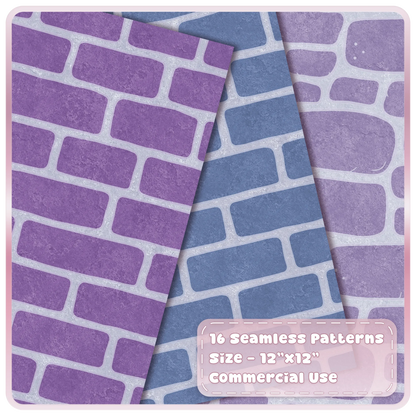 Lavender, blue and lilac fairytale brick and stone seamless digital papers with pale mortar and textured finish