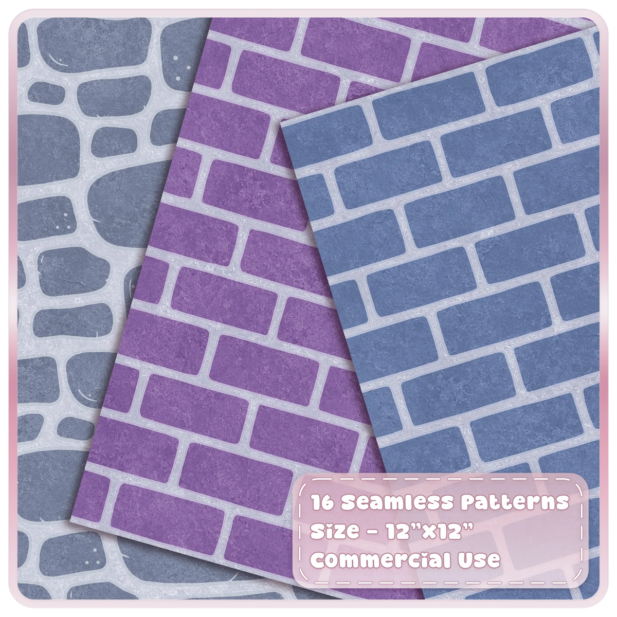 Moonlit Castle seamless brick patterns in violet and dusty blue with grey stone cobblestone digital paper background