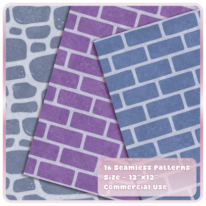 Moonlit Castle seamless brick patterns in violet and dusty blue with grey stone cobblestone digital paper background