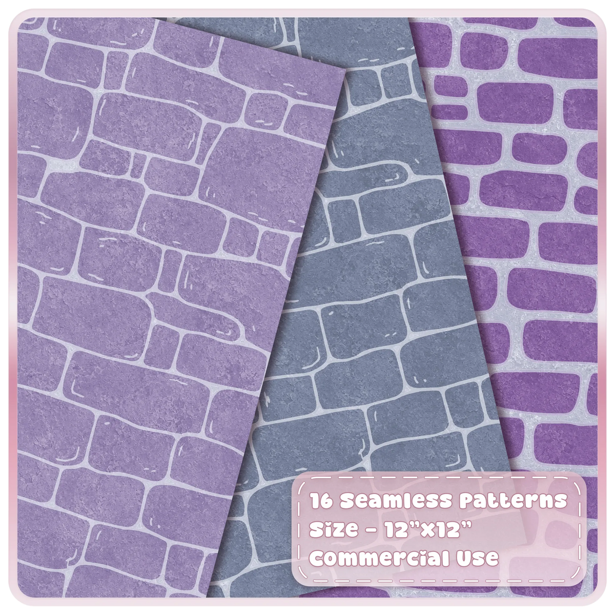 Fairytale stone wall seamless patterns in lavender, moonlit blue and purple with pale textured mortar lines