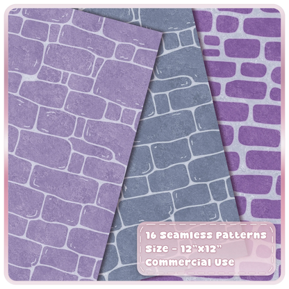 Fairytale stone wall seamless patterns in lavender, moonlit blue and purple with pale textured mortar lines