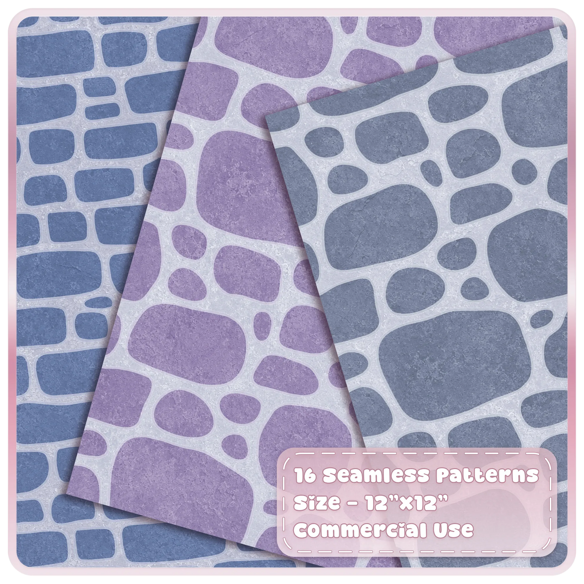Blue and lavender cobblestone seamless digital papers with irregular rounded fairytale stone wall patterns