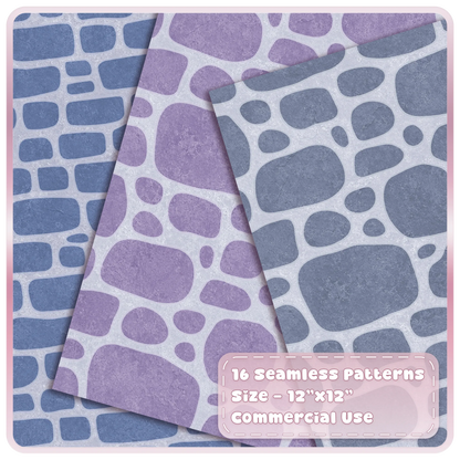 Blue and lavender cobblestone seamless digital papers with irregular rounded fairytale stone wall patterns
