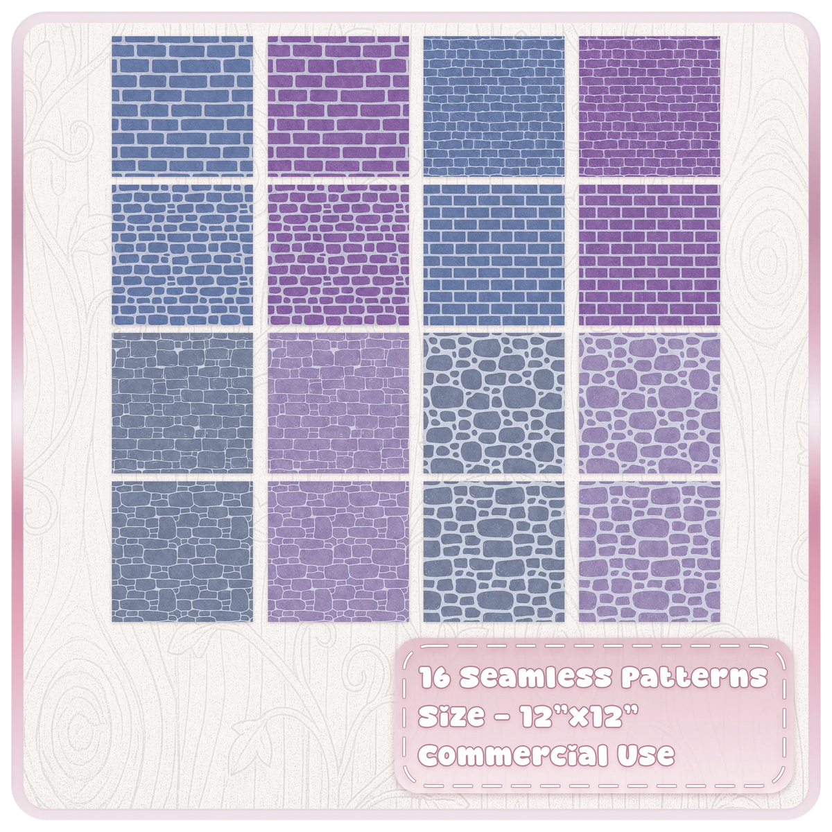 16 Moonlit Castle stone and brick seamless patterns featuring blue, lavender and purple fairytale digital papers