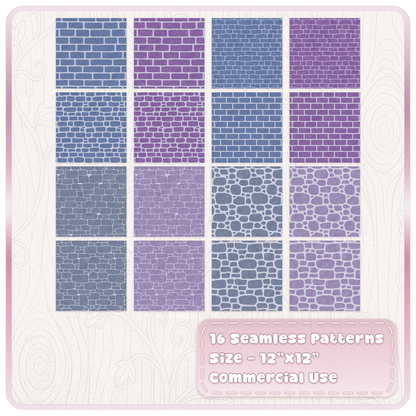 16 Moonlit Castle stone and brick seamless patterns featuring blue, lavender and purple fairytale digital papers