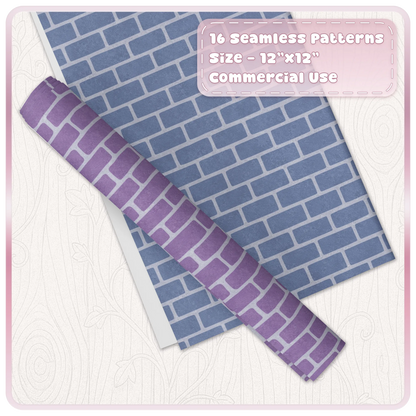 Blue brick and purple stone seamless digital paper mockup from the Moonlit Castle fairytale pattern collection