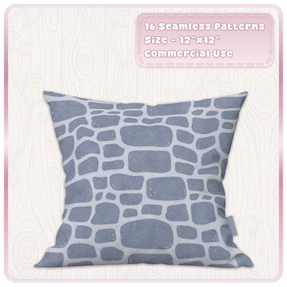 Moonlit blue fairytale stone seamless pattern displayed on cushion mockup with pale mortar and castle wall texture