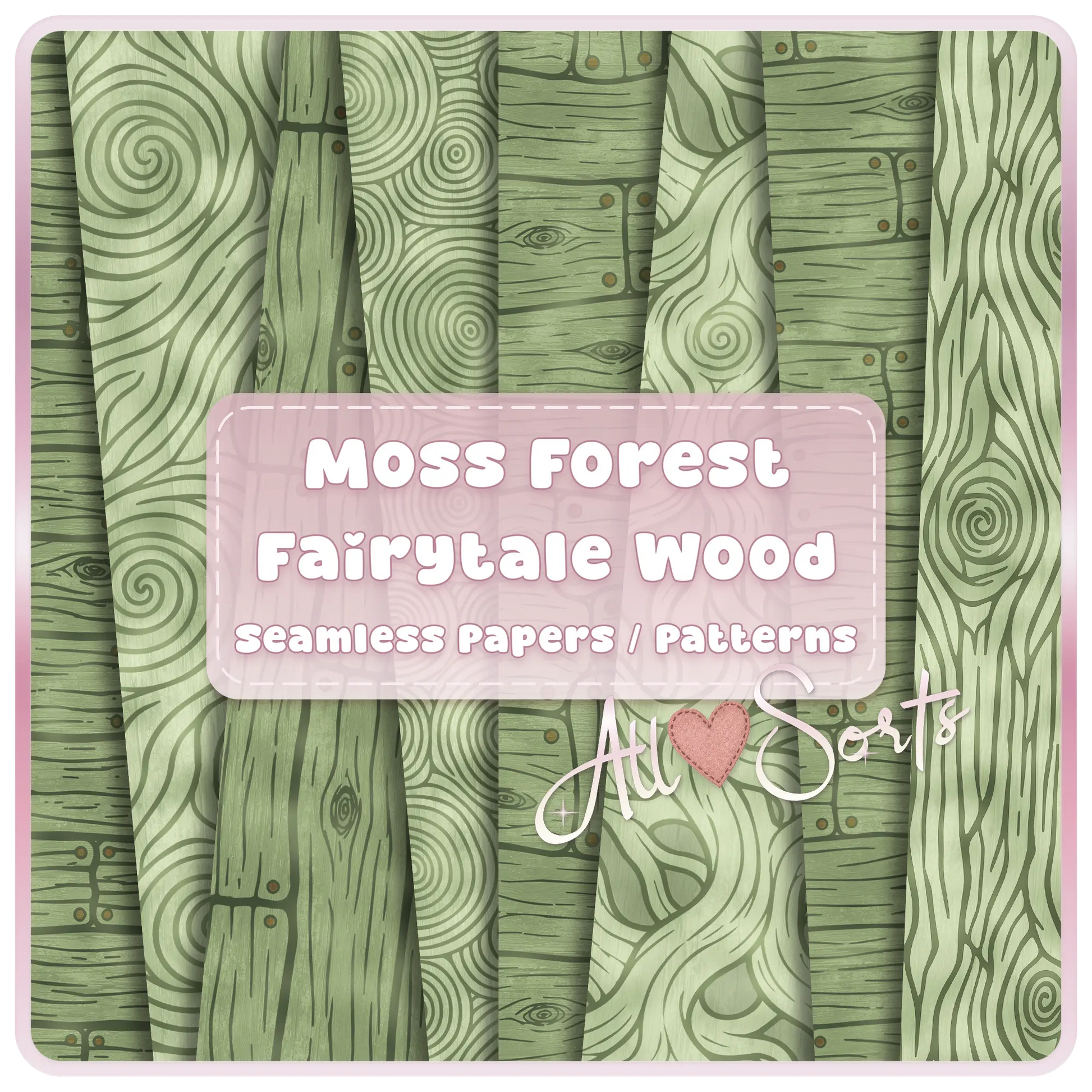 Moss Forest Fairytale Wood seamless digital paper pack preview with green woodland woodgrain, bark, plank, and tree ring patterns for scrapbooking and crafts.