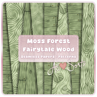 Moss Forest Fairytale Wood seamless digital paper pack preview with green woodland woodgrain, bark, plank, and tree ring patterns for scrapbooking and crafts.